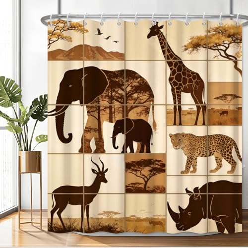 Fabric Shower Curtain with Hooks, Waterproof & Washable & Polyester, Brown Nature African Jungle Animal Shower Curtains for Bathroom, Elephant Giraffe Leopard Bathroom Curtain, House Gift, 71x74 Inch - color: African Safari Animal