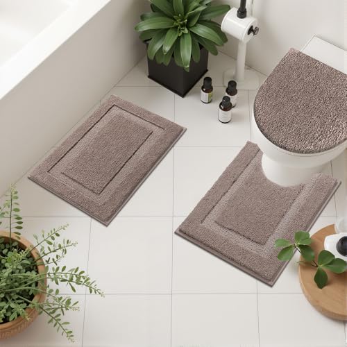 SHACOS Microfiber Bathroom Rugs Set of 3 with Toilet Lid Cover Non Slip | Washable Bath Mat Absorbent Bathroom Carpet 16"x24"+U Shape Toilet Rug 20"x24"+Toilet Lid Cover 19"x21", Coffee - color: Coffee, size: 16"x24"+U-Shape 20"x24"+Lid Cover 19"x21"