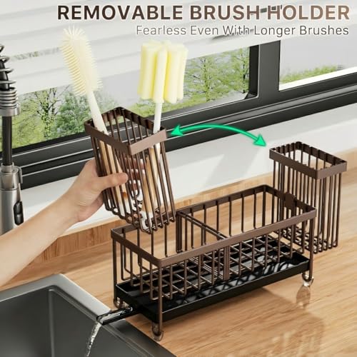 Cisily Brown Sponge Holder for Kitchen Sink, Sink Caddy Organizer with High Brush Holder, Kitchen Countertop Organizers and Storage Essentials, Rustproof 304 Stainless Steel, Soap Dispenser Organize - color: Brown - 9.25″