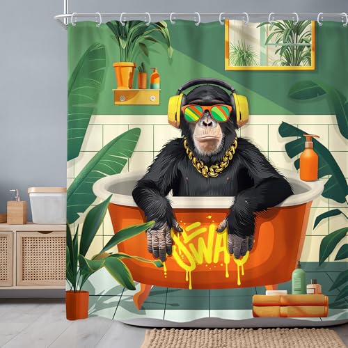 Newsely Funny Monkey Shower Curtain 72Wx72H Inch Tropical Palm Leaves Animal Bathing in Bathtub Modern Cool Shower Curtain Bathroom Set for Boys Men Waterproof Bath Decoration Accessories Home Decor - color: L-monkey, size: 72"W x 72"L (Pack of 1)