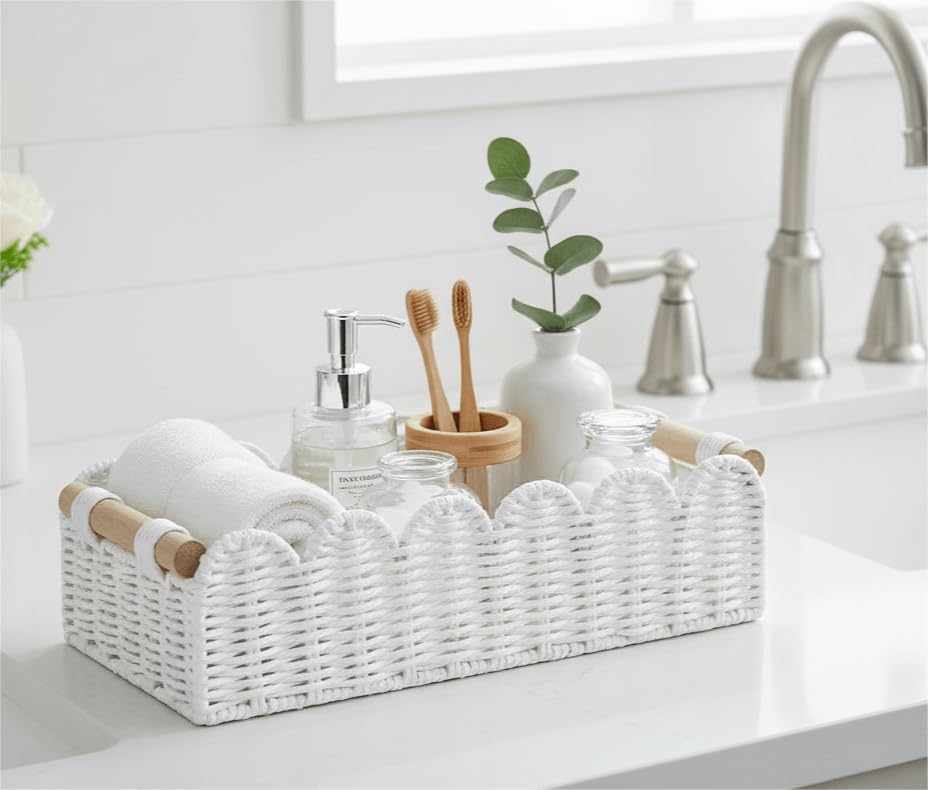 CubesLand Bathroom Basket Organizer, Toilet Tank Paper Storage Baskets 2-Pack, Scalloped Decorative Basket for Countertop w/Handle, Wicker Basket for Bathroom Decor, Home Decor, Living Room, White - color: White