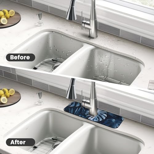 Kitchen Sink Splash Guard Faucet Mat, Monstera Leaves Navy Blue Diatom Mud Absorbent Draining Mat For Kitchen Sink Bathroom - color: Monstera Leaves Navy Blue, size: One Size