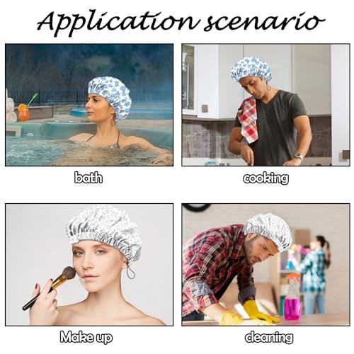 2 PCS Shower Cap Reusable Waterproof Adjustable Double Layer Elastic Dry Hair Bathing Caps Aesthetic Cute for Women Girls-Blue Gray - color: H-4-Blue Gray