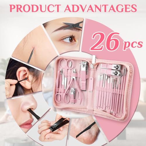 MINKINH 26-Piece Professional Manicure Set，Features Stainless Steel Tools, Carbon Steel Clippers & Travel Case for Women's Home and Travel Grooming(Pink) - color: Pink