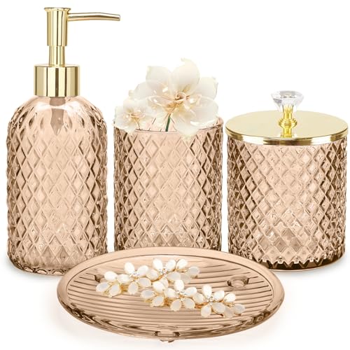 Haturi Amber Brown Bathroom Accessories Set, 4Pcs Glass Bathroom Accessory Set Complete w/Soap Dispenser, Toothbrush Holder, Qtip Holder, Soap Dish, Gold Bathroom Decor Sets, Gift for Home Apartment - style: Amber Brown