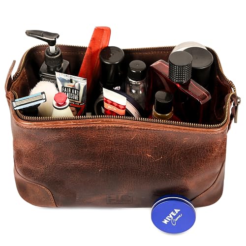 HLC Leather Toiletry Bag for Men Best Gift Premium Genuine Dopp Kit Shaving Kit Organizer Travel Kit Pouch Bag 10 inch Size (Brown) - color: Brown