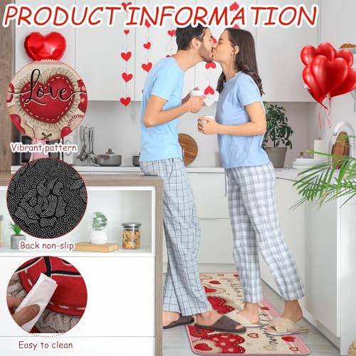 Drydiet 3 Pcs Retro Valentines Kitchen Mat and Rug Non Slip Red Heart Doormat Washable Waterproof Floor Mats Farmhouse Holiday Kitchen Decor for Home Floor Office Bathroom Party Rustic Decor - color: Red, style: Heart