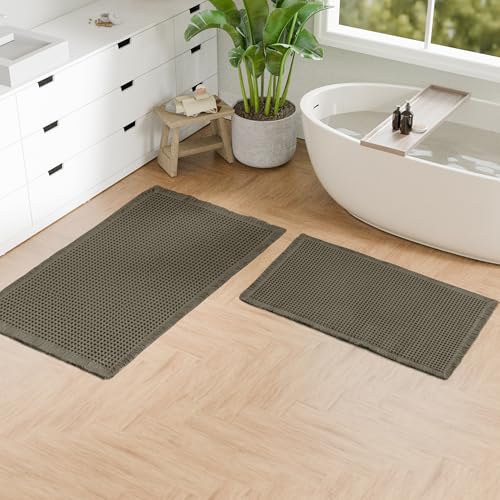 Hiasan Set of 2 Waffle Bath Mat, Super Absorbent Non Slip Bathroom Boho Rug with Tassels, Machine Washable Bath Mats for Bathroom, Ultra Soft Rubber Backed Rug, Grayish Green, 20" x 32" + 24" x 48" - color: Grayish Green, size: 20" x 32" + 24" x 48"
