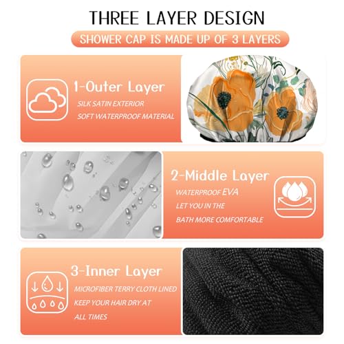 Luxury Shower Cap Terry Lined Reusable Triple Layer Waterproof Hair Elastic Caps Shower Bath Hat for Women Girls Cute Aesthetic-Orange Flower - color: AL1-Orange Flower