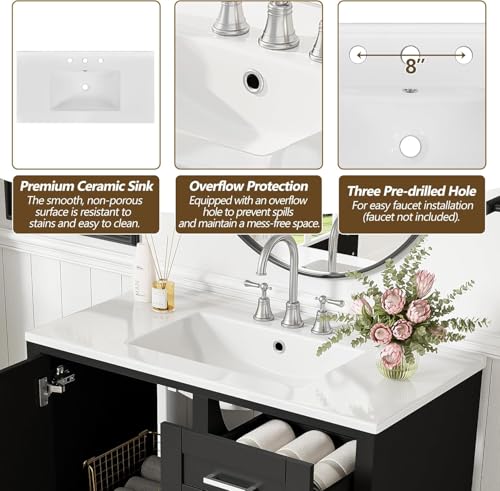 Linique 36" Modern Bathroom Vanity with Sink Combo Set, Bathroom Storage Cabinet with a Soft Closing Door and 3 Drawers, Black - color: Black, size: 36"/ Door without Organizer