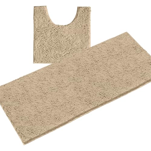 LuxUrux 2-Piece Bathroom Rug Set – Plush Chenille Runner & U-Shaped Toilet Mat, Soft, Absorbent & Non-Slip Design (20x20 U & 27x47 inches, Birch) - color: Birch, size: 2 Piece Set - X Large