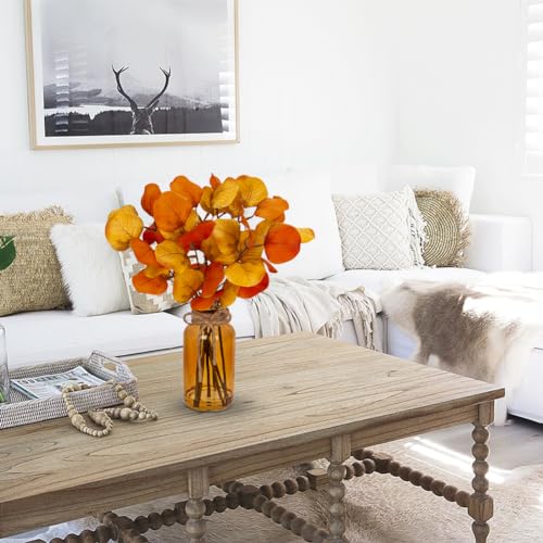 Briful Artificial Eucalyptus Stems in Amber Glass Vase with Faux Water, 14" Fake Fall Plant Autumn Leaves for Home Farmhouse Wedding Centerpiece Bathroom Décor - color: Orange
