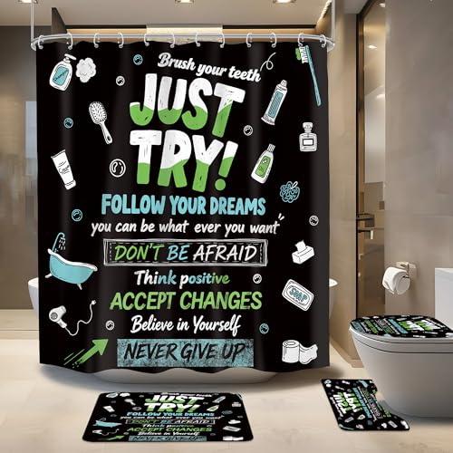 4 PCS Black Inspirational Quotes Shower Curtain Set 72Wx72H Positive Words Bathroom Set Non-Slip Bath Rug Toilet Lid Cover U Shape Mat Complete Bathtub Accessories with 12 Hooks Bathroom Decor - color: F 01black Quotes, size: 72"W x 72"L (Pack of 4)