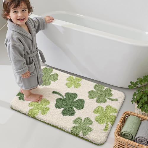 LUMI Bath mats for Bathroom, 16"x24" Non Slip Absorbent Soft Bath Mat, Washable Low Profile Bathroom Rug, Ideal for Shower, Tub, Clover - color: Lucky Clover, size: 16"x24"