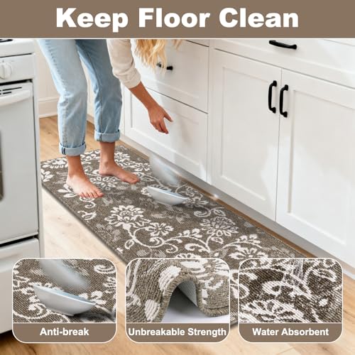 LOKHOM Boho Kitchen Rugs Sets of 3, Non Slip High-Low Textured Kitchen Mats for Floor with Rubber Backing, Paisley Floral Washable Carpet Runner for Hallways Entryway Laundry Sink (Brown & White) - color: Brown, size: 24"x35"+24"x48"+24"x60"
