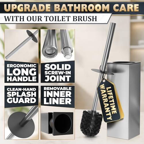 Silver Toilet Brush and Holder Set Stainless Steel – Square Design Toilet Bowl Brush and Holder, Rust, Corrosion & Scratch Resistant with Splash Protection, for Efficient Cleaning and Neat Storage - color: Silver Square