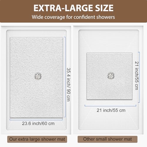 Shower Mat Non Slip: 35.4 x 23.6 Inch Extra Large Shower Mats for Inside Shower with Drain Hole - Soft PVC Loofah Anti Slip Shower Stall Mat for Walk-in Shower and Bathroom, Quick Drying - color: White, size: 35.4" x 23.6" (Rectangular)