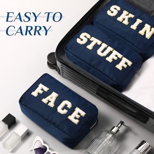 Preppy Makeup Bags Chenille Letter Stuff Bag Nylon Cosmetic Pouch Cases with Zipper for Women Travel Toiletry(Dark Blue,Classic,4 Pcs) - color: Dark Blue, size: Classic