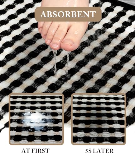 YIHOUSE Black Bathroom Rugs Set 5 Pieces, Checkered Absorbent Bath Mat Sets Quick Dry, Woven Soft Bath Rugs Non Slip, Thin Washable Rugs for Bathroom - color: Black, size: 5 Pieces