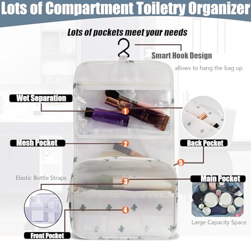 L&FY Toiletry Bag-Portable Haning Toiletry Bag For Women-Travel Makeup Organizer Cosmetic Bag with Compartment,Stury Hook (White Cactus/Travel Bag) - color: White Cactus, size: Compact Size