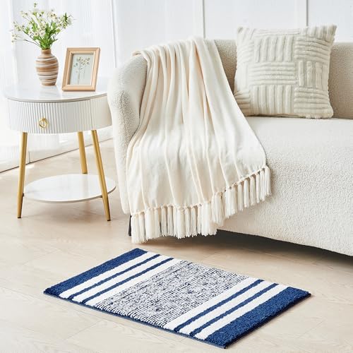 CozeCube Bath mats for Bathroom Non Slip, Fluffy Absorbent Microfiber Bath mat Washable, Aesthetic Bathroom Rugs, Cute Navy Blue Striped Bath mat, Navy Blue, 32" x 20" - color: Stirped-dark Blue, size: 2'8" x 1'8" (Rectangular)
