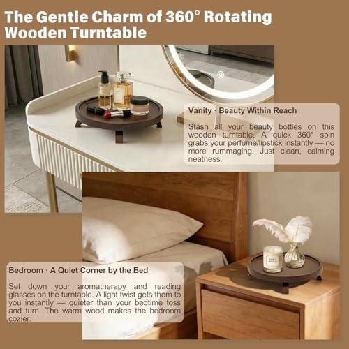 12" Solid Wood Lazy Susan Turntable Organizer for Cabinet, Pantry, Kitchen Countertop - Farmhouse Style with Raised Feet & Water-Resistant Coating, Rustic Bathroom Vanity Tray and Dining Table Decor - size: 12 Inch