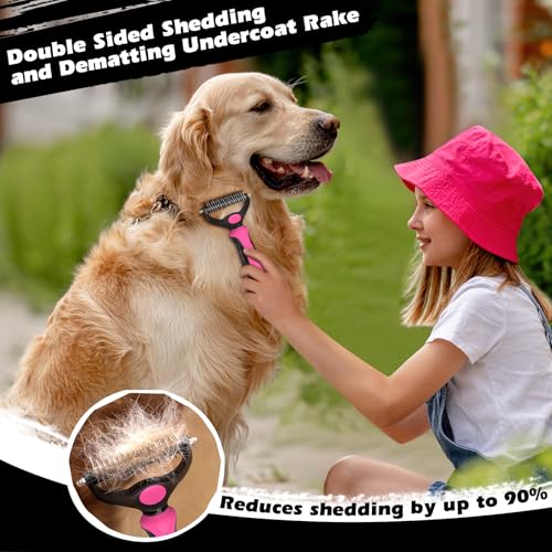 Professional 3PCS Self Cleaning Slicker Brush & Pet Grooming Rake & Flea Comb for Dogs,Cats and Horses | Double-Sided Dematting Comb & Skin Friendly Deshedding Grooming Tool | Pet Supplies (Red) - color: Red