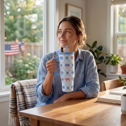 SANDJEST American Flag Stainless Steel Locking Lid Silicone Straw Tumbler with Handle 40oz, Insulated Stainless Steel Travel Cup for Women Girls Friends, Gift Idea for Birthday July 4th (Bow) - color: American Flag 1