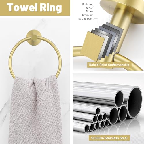 10 Pieces Brushed Gold Bathroom Hardware Towel Bar Set for Bathroom Wall, 23.6Inch Bathroom Accessories Set Upgraded Bathroom Towel Holder, Stainless Steel Towel Racks Bathroom Wall Mounted - color: Brushed Gold, size: 10 Pieces A