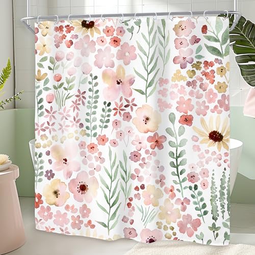 Riyidecor Cute Pink Green Floral Shower Curtain for Bathroom Decor 72Wx72H Spring Boho Kids Girls Girly Watercolor Wildflower Leaves Art Printed Fabric Polyester Waterproof 12 Pack Plastic Hooks - color: A-pink Green, size: 72"W x 72"L (Pack of 1)