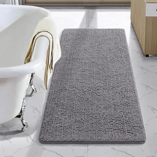 LOCHAS Luxury Bathroom Rug Shaggy Bath Mat 24 x 44 Inch, Washable Non Slip Bath Rugs for Bathroom Shower, Soft Plush Chenille Absorbent Carpets Mats, Gray - color: Grey, size: 2' X 3'8" (24''x44'')