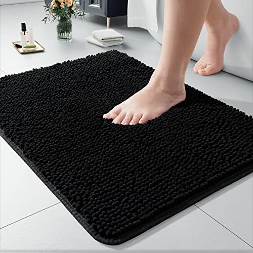 LOCHAS Luxury Bathroom Rug Shaggy Bath Mat 24 x 17 Inch, Washable Non Slip Bath Rugs for Bathroom Shower, Soft Plush Chenille Absorbent Carpets Mats, Black - color: Black, size: 1'5" X 2' (24''x17'')