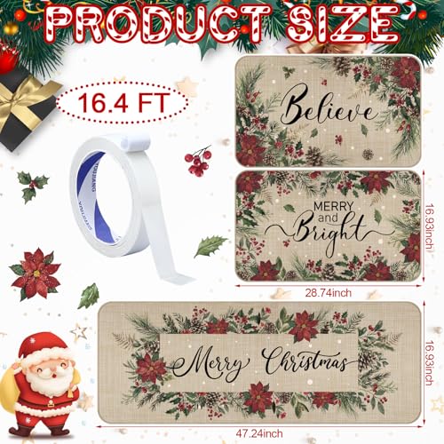 Drydiet 3 Pcs Christmas Poinsettia Kitchen Mat and Rug Non Slip Doormat Washable Waterproof Floor Mats Farmhouse Holiday Kitchen Decor for Home Floor Office Bathroom Party Rustic Decor - color: Red, style: Poinsettia