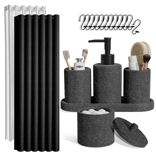 Clara Clark Bathroom Set - Coal Black Bathroom Accessories Set, 19PC Bathroom Accessory Set, Bathroom Sets with Shower Curtain Set, Soap Dispenser & Toothbrush Holder - color: Coal Black, size: Complete Set