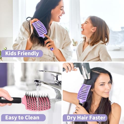 Boar Bristle Hair Brush Set of 2, HIPPIH Wet & Dry Hair Brushes Made by Fine Natural Boar Hair Can Adds Shine and Smoothing, Detangling Hairbrush for Women, Men & Kids' Long Curly Thick Hair - color: Purple & Pink