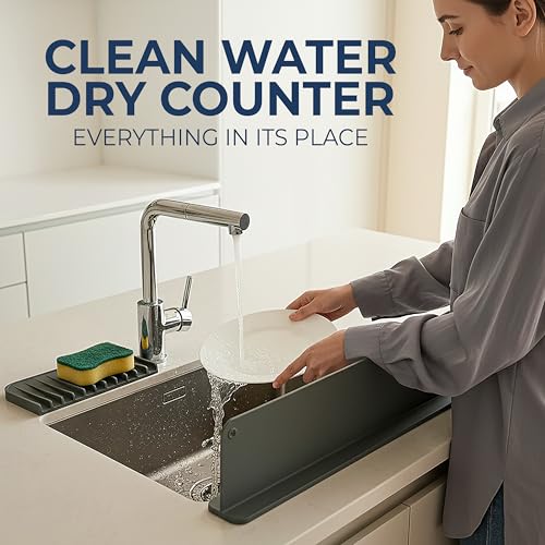 Silicone Sink Splash Guard 17.3" with Suction Cups - For Sink Area - Keep Counters Dry & Protect Clothes from Water Splashes for Kitchen, Bathroom, Laundry