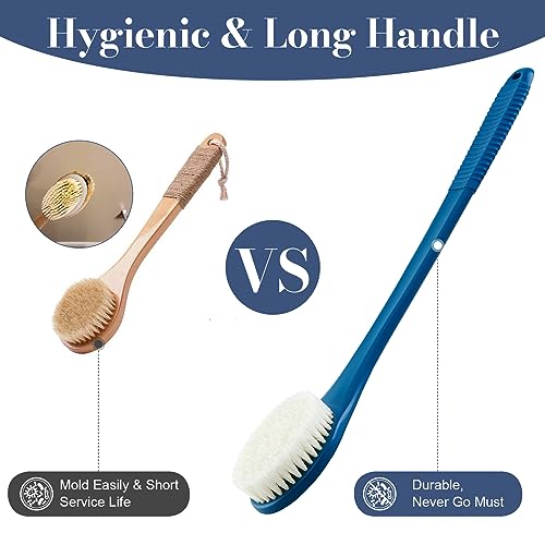 Back Scrubber for Shower, Shower Body Brush for Cleaning with Long Handle for Showering, 17 Inch Back Washer Exfoliator for Shower Men Women with Non-Slip Handle, Adhesive Hook (Navy Blue) - size: Navy Blue - Artificial Bristles