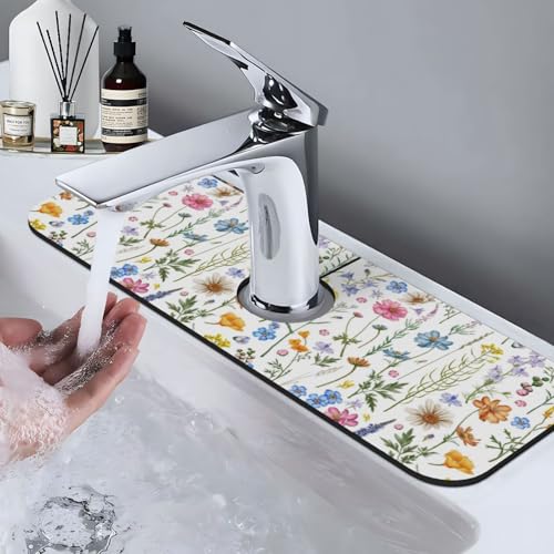 Spring Flower Colorful Leaves 15" X 5.5" Kitchen Sink Splash Guard Faucet Faucet Guard Draining Mat Sink Splash Guard Faucet Kitchen Bathroom - color: Spring Flower Colorful Leaves