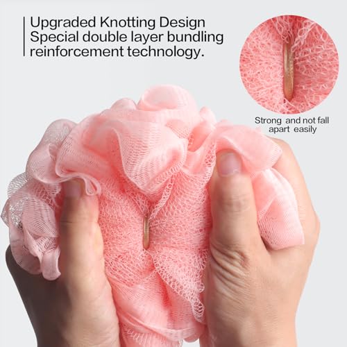 Fishent Bath Loofah Sponge, 3 Pack loofahs Exfoliating Body Scrubber, 60g Soft Mesh Pouf Shower Puffs, Loofa for Women and Men - style: 60g-Pink-Peach-Coral