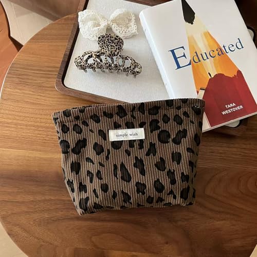 Wudygirl Makeup Bag Travel Cosmetic Bag for Women Small Makeup Pouch with Handle Zipper Cosmetic Pouch Handbag Aesthetic 8.3" x 5.9"(Brown Leopard) - color: Brown Leopard