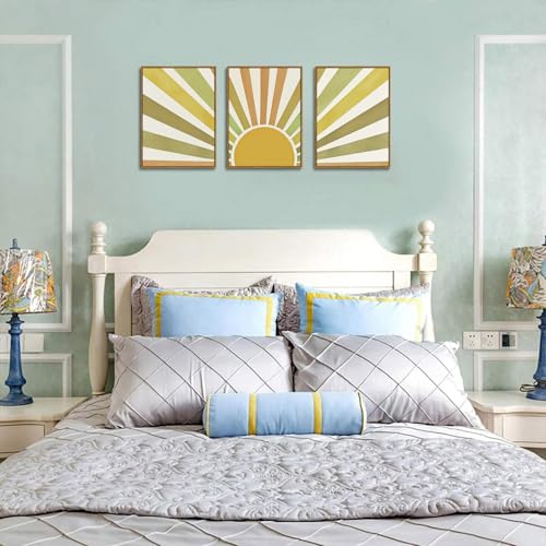 Bwodke Boho Wall Art, Framed Abstract Sunshine Wall Art, Sun Rising Neutral Canvas Wall Decor, Mid Century Geometric Pictures Set of 3, Minimalist Paintings, for Bedroom Living Room Bathroom 16"x24" - color: Sunshine, size: 16"x24"Natural