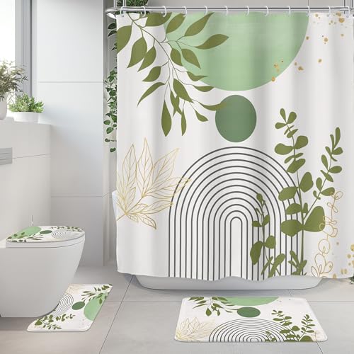 Riyidecor Boho Light Green 4Pcs Bathroom Shower Curtain Sets Mid Century Modern Minimalist Abstract Bathroom Decor Set with Rugs and Accessories Leaf Toilet Lid Rug, Contour and Bath Mat with 12 Hooks - color: 04light Green