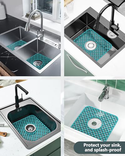 2 Pack Silicone Sink Protector for Kitchen Sink, Trellis Pattern 12 x 11" Sink Grid Mat Silicone Protectors, Center Drain, Green - color: Green
