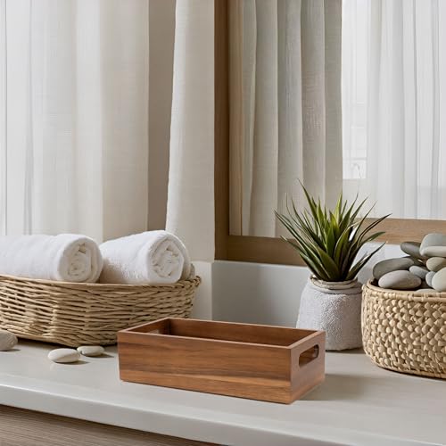 Natural Acacia Hardwood Bathroom Tray with Handles for Organizing Toiletries and Accessories - 12.25L x 6W in on Countertop, Shelf, or Tank Top Storage - size: 12.2" x 6" x 3.3"