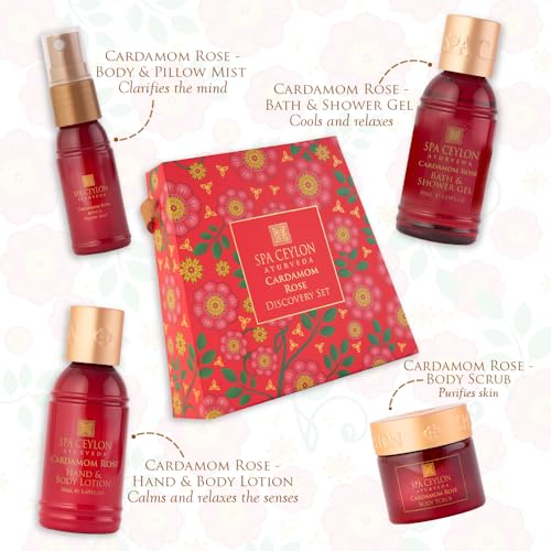 Spa Ceylon Ayurveda Cardamom Rose Discovery Set – 4-Piece Natural Uplifting Spa Gift Set with Himalayan Rose & Organic Ceylon Cardamom - Bath Gel, Body Lotion, Pillow Mist & Scrub