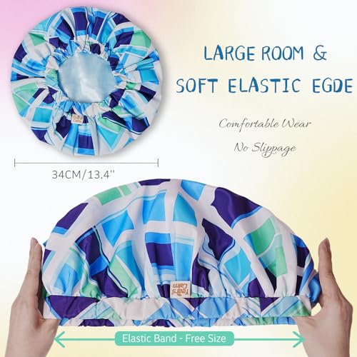 Years Calm Shower Caps for Women Reusable Waterproof, Double-Layer Extra Large Elastic Hair Cap for Shower for Long Hair & Braids, Travel & Home - color: blue