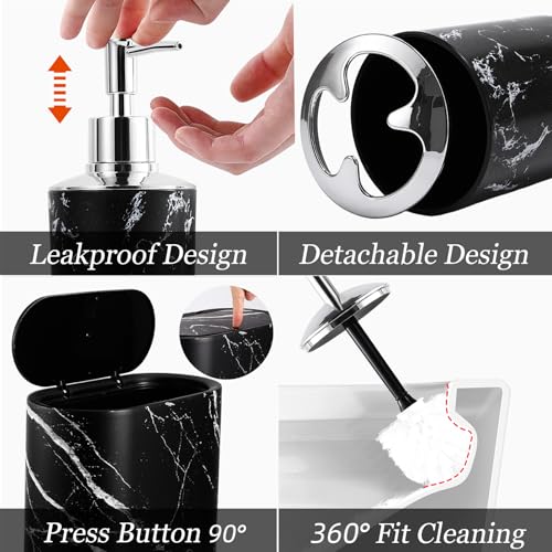 Bathroom Accessories Set, 9-Piece Marble Black Bathroom Set, Black Bathroom Accessories with Slim Trash Can, Soap Dispenser, Toilet Brush, Toothbrush Set, Qtip Holders