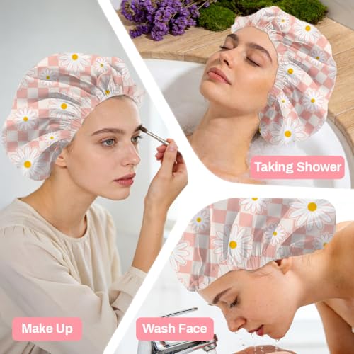 Pink Daisy Reusable Shower Cap Buffalo Check Double Layer Waterproof Shower Caps Large Elastic Hair Cover Adjustable Hair - Drying Caps for Woman Bath SPA Travel One Size Fits Most - color: Pink Daisy