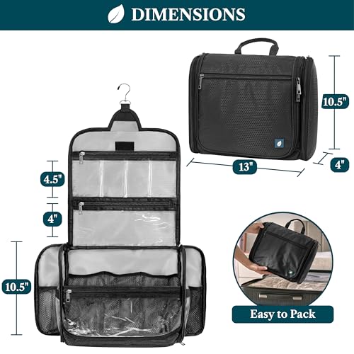 PAVILIA Large Hanging Toiletry Bag for Women Men, Travel Cosmetic Organizer with 10 Compartments, Swivel Hook and 3 Leakproof Pockets, Water Resistant Makeup Case, Packs Flat, Black - color: Black
