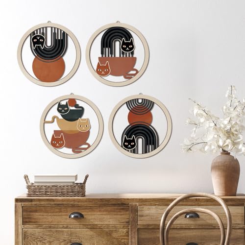 HPNIUB Boho Black Cat Wall Decor, Farmhouse line Geometric Coffee Tea Hanging Wooden Wall Art, 4 Pieces 10''x10'' Mid Century Abstract Sun Wood Sign for Nursery Bedroom Decoration, Lovely Cat Gifts - color: Lovely cat